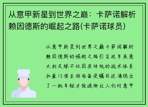 从意甲新星到世界之巅：卡萨诺解析赖因德斯的崛起之路(卡萨诺球员)