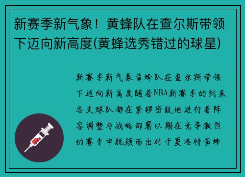 新赛季新气象！黄蜂队在查尔斯带领下迈向新高度(黄蜂选秀错过的球星)