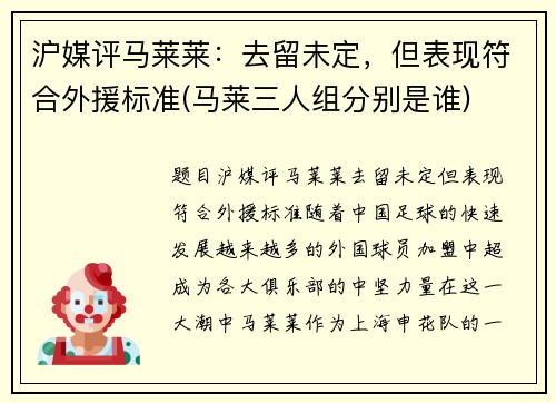 沪媒评马莱莱：去留未定，但表现符合外援标准(马莱三人组分别是谁)