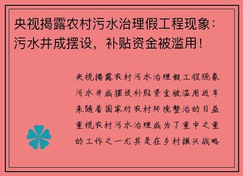 央视揭露农村污水治理假工程现象：污水井成摆设，补贴资金被滥用！