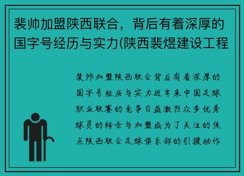 裴帅加盟陕西联合，背后有着深厚的国字号经历与实力(陕西裴煜建设工程有限公司)