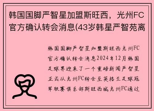 韩国国脚严智星加盟斯旺西，光州FC官方确认转会消息(43岁韩星严智苑离婚)