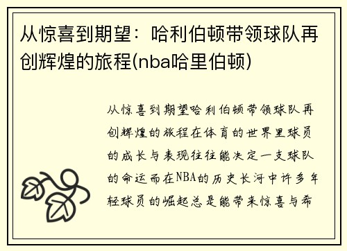 从惊喜到期望：哈利伯顿带领球队再创辉煌的旅程(nba哈里伯顿)